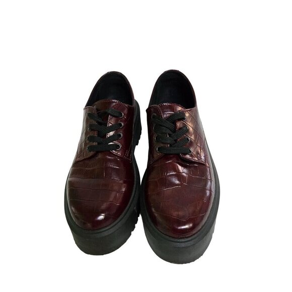 Asos Burgundy Chunky Lace Up Croc Embossed Oxford Dark Academia Shoes Size 7 - Picture 3 of 8